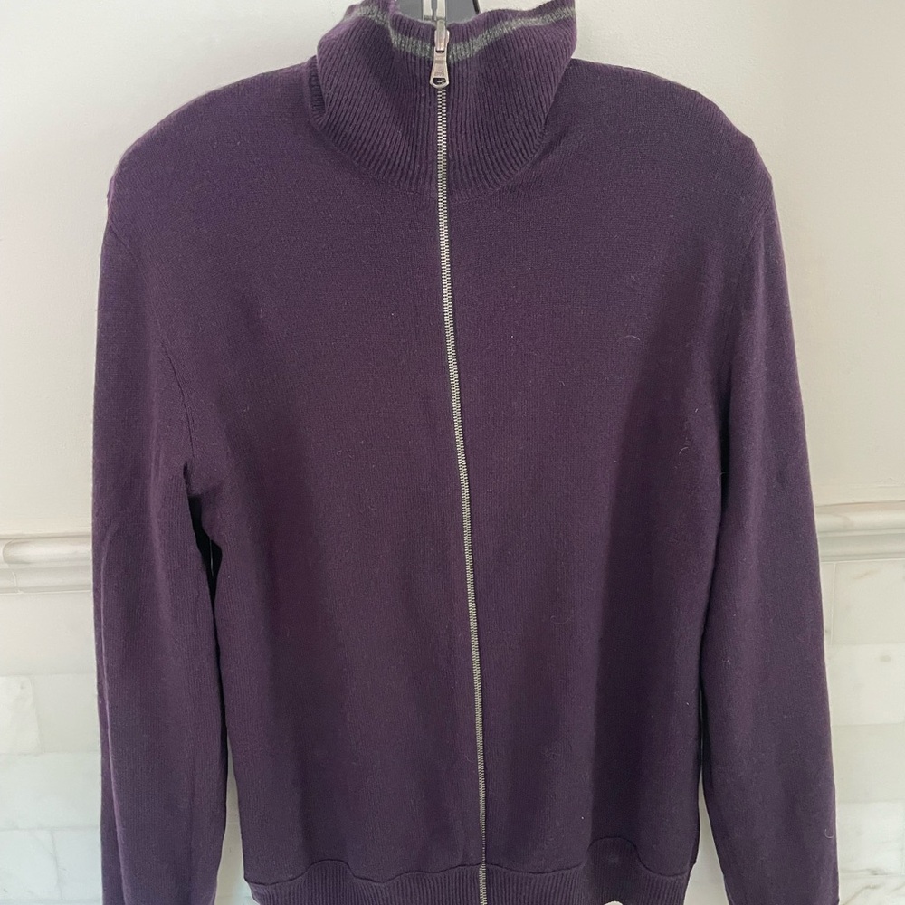 Theory Men's Deep Grey and Purple Zip-Up Sweater